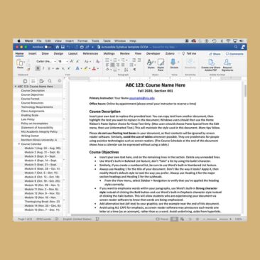 Screen shot of Microsoft Word document, an accessible syllabus