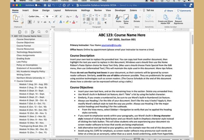 Screen shot of Microsoft Word document, an accessible syllabus